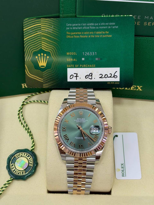 Rolex Datejust UNWORN New 2026 41mm 126331 Olive Mint Green Dial Two Tone Rose Gold Jubilee Bracelet Full Set Unworn Complete Box & Papers