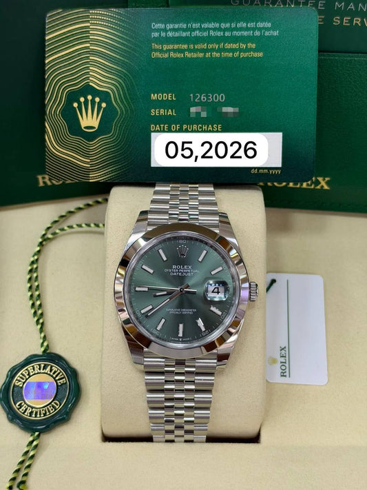 Rolex Datejust New UNWORN Datejust 41mm Smooth 126300 Mint Green Dial Jubilee Bracelet Stainless Steel Full Set Unworn Complete Box & Papers