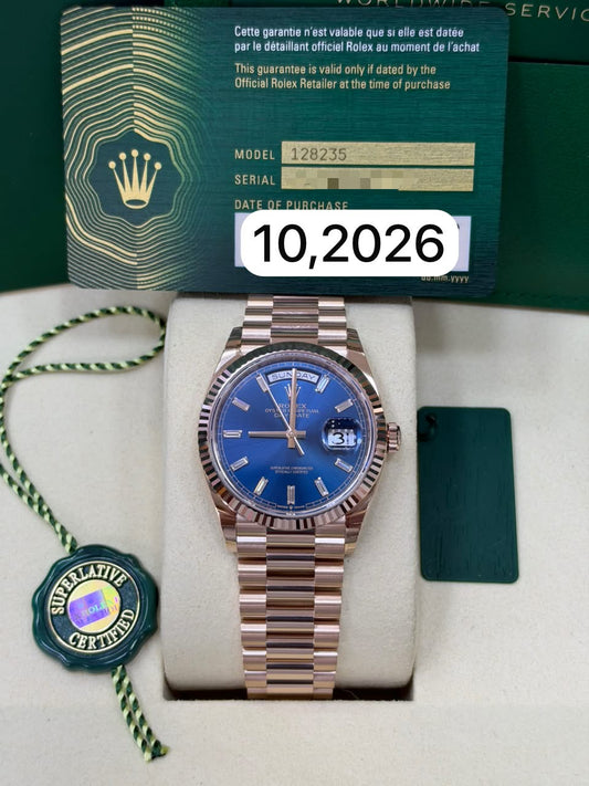 Rolex Day-Date UNWORN 128235A Day-Date 36mm Blue  Baguette Dial President Bracelet Rose Gold Full Set Unworn Complete Box & Papers
